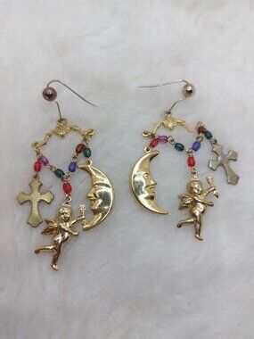Vintage Kirks Folly Cherub and Moon Themed Hook Earrings